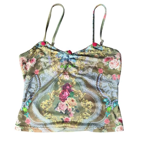 Coquette Camisole Cami All Over Print Cropped Roses Flowers Romantic XS/S - Picture 1 of 5